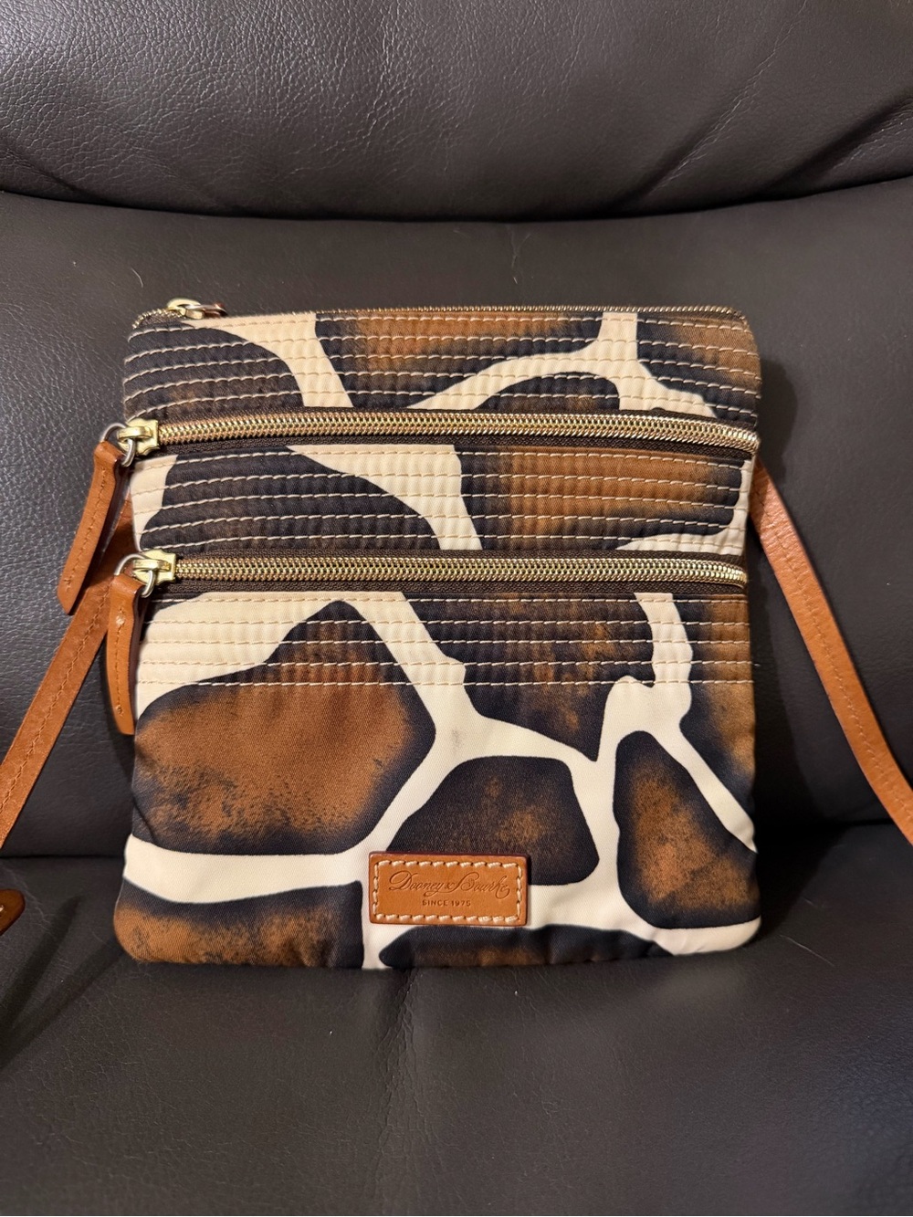 Dooney & Bourke Giraffe Print Triple Zip Nylon Crossbody Bag